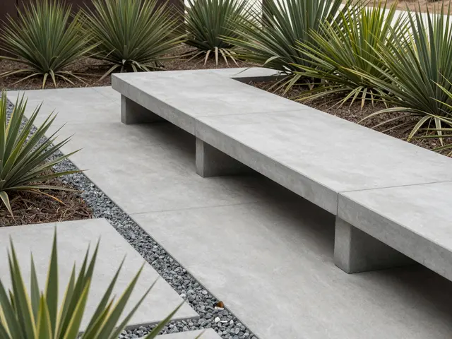 Smooth built-in concrete bench sits on a paved patio surrounded by gravel beds and spiky yucca plants