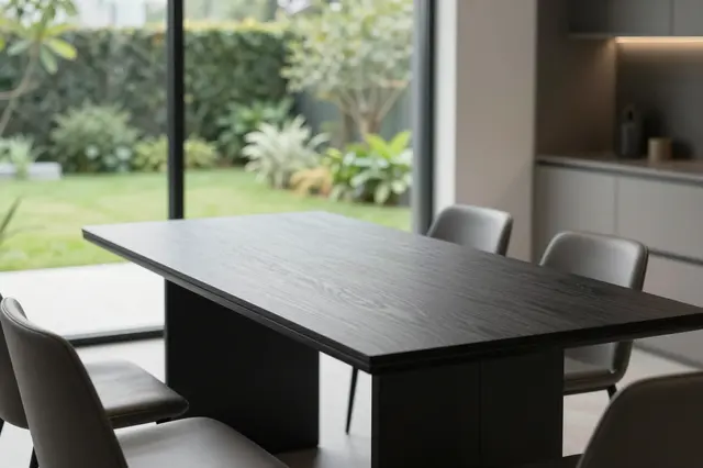 Dark wood dining table with light gray chairs sits beside large windows overlooking a lush backyard garden