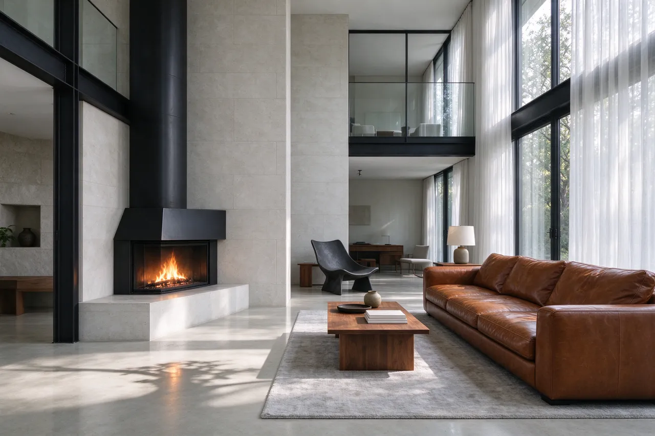 Sunlit contemporary living room with a black steel fireplace, cognac leather sofa and floor to ceiling windows