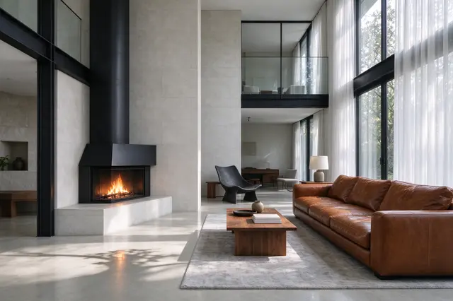 Sunlit contemporary living room with a black steel fireplace, cognac leather sofa and floor to ceiling windows