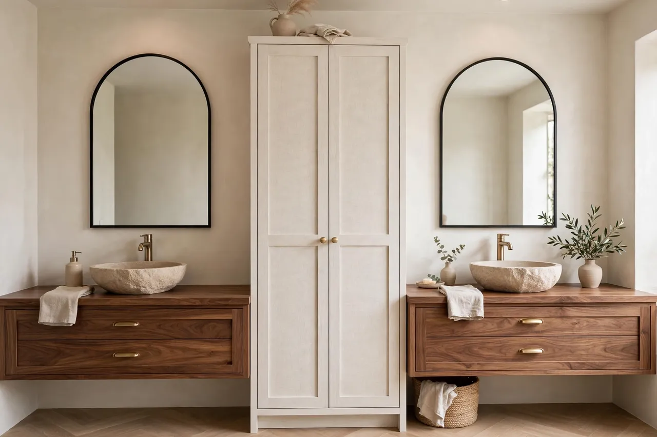 Neutral bathroom with walnut double vessel sink vanity, arched mirrors, and central linen cabinet