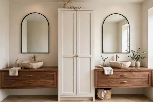Neutral bathroom with walnut double vessel sink vanity, arched mirrors, and central linen cabinet