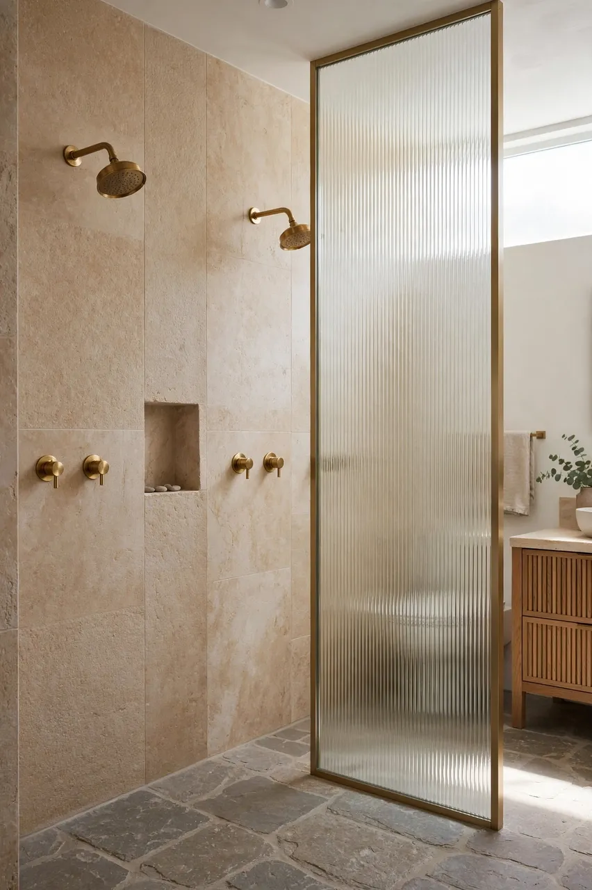 Double shower with brass fixtures, reeded glass panel and stone tiled bathroom flooring