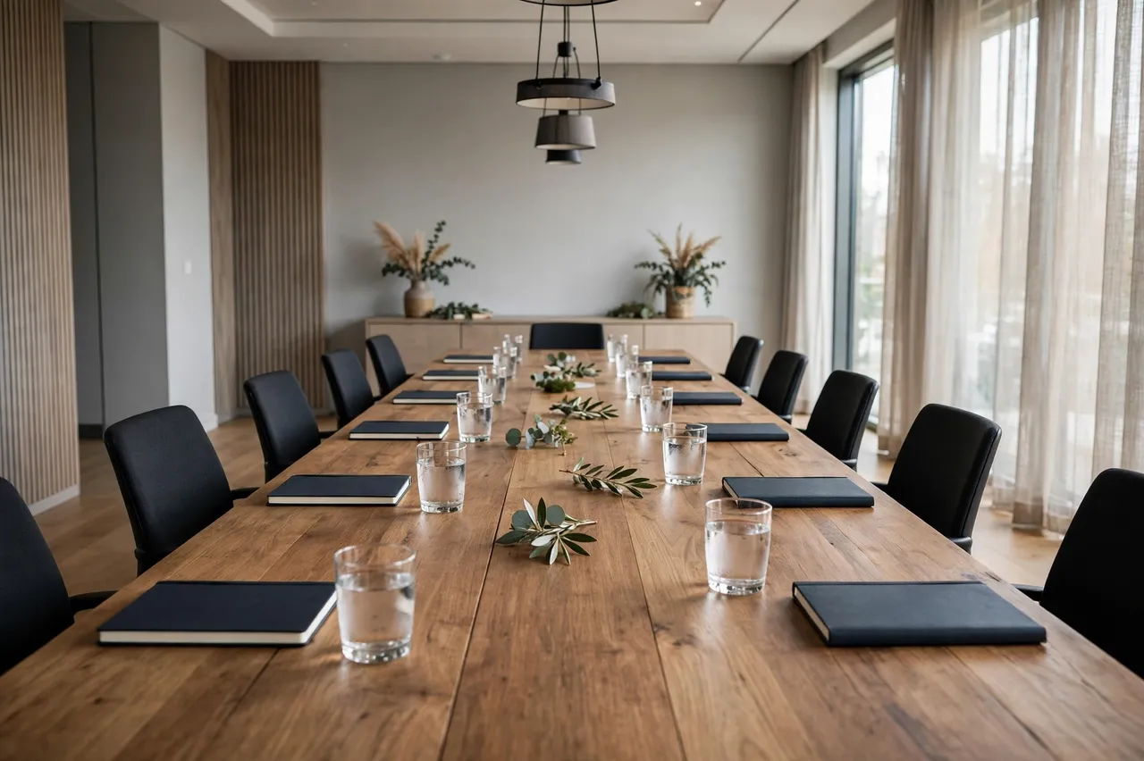 An empty modern conference room with a long wooden table set with water glasses and closed notebooks