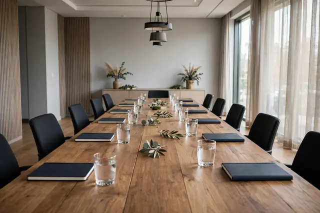 An empty modern conference room with a long wooden table set with water glasses and closed notebooks