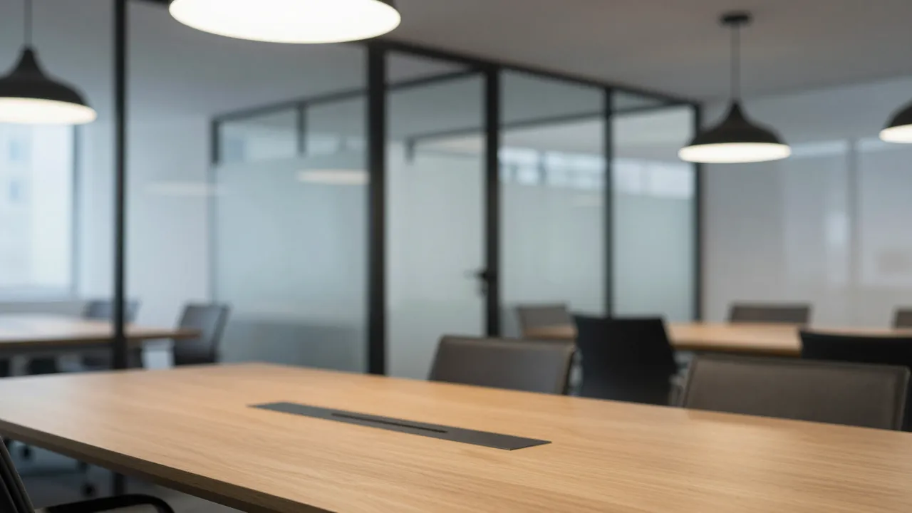 Softly blurred view of a modern empty office with glass walls, wooden meeting table and pendant lights