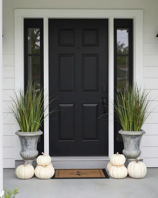 Black front door flanked by stone urns of ornamental grass and stacked white fall pumpkins