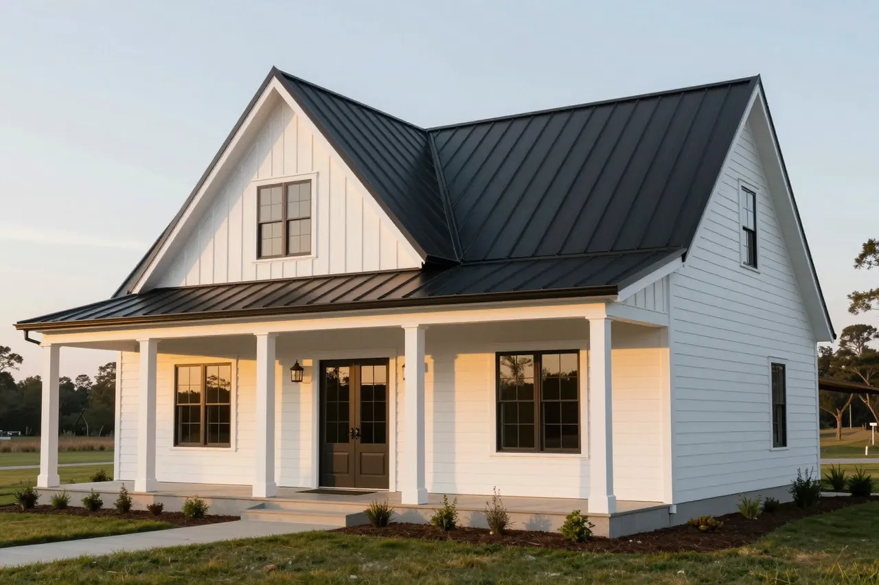 White board-and-batten modern farmhouse with black metal roof and covered porch lit by warm sunset light