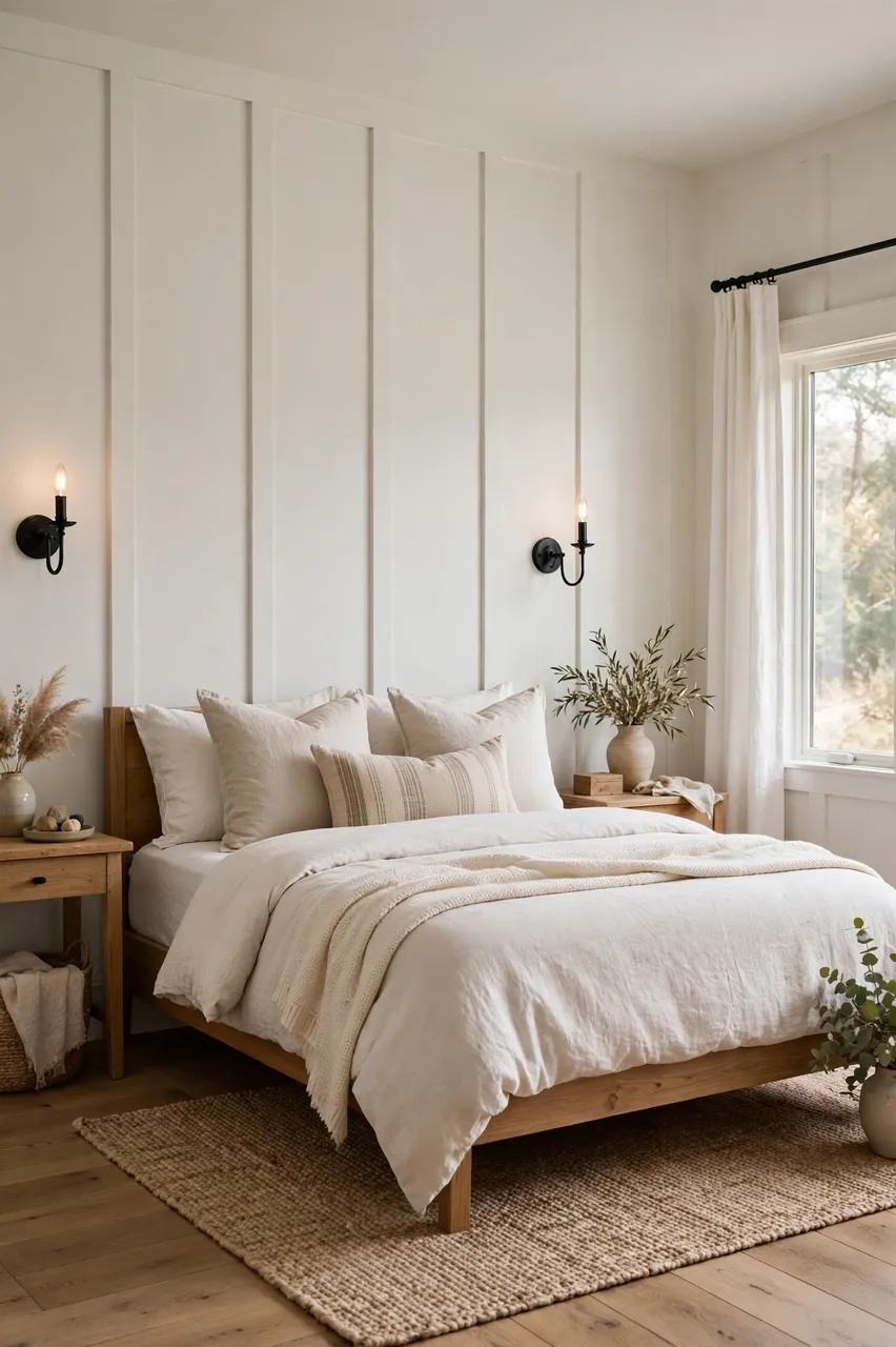 Cozy neutral modern farmhouse bedroom with wooden bed, black sconces and jute area rug