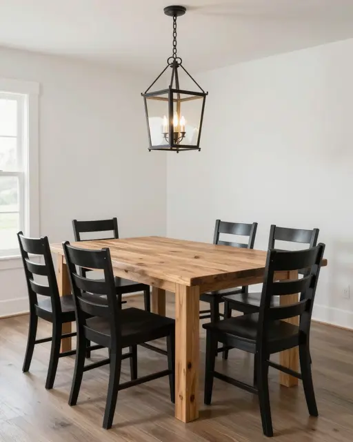 Bright empty modern farmhouse dining room with oak table, black ladder-back chairs, and iron lantern chandelier
