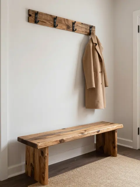 A reclaimed wood bench sits below black iron wall hooks holding a tan coat, above a jute entry runner.