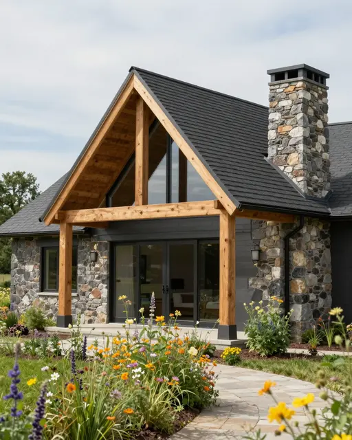 Modern farmhouse home with stone chimney and wildflower lined front walkway