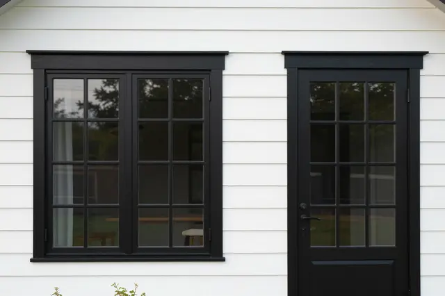 Close-up of white horizontal siding with black grid-paned window and front door on a modern farmhouse.