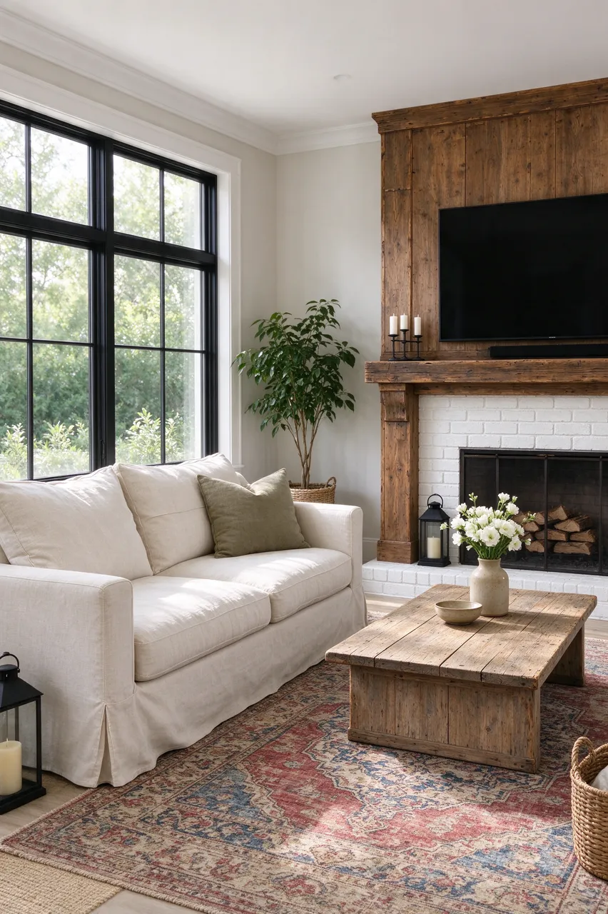 Bright modern farmhouse living room with slipcovered sofa, reclaimed wood mantel, black framed windows and vintage area rug