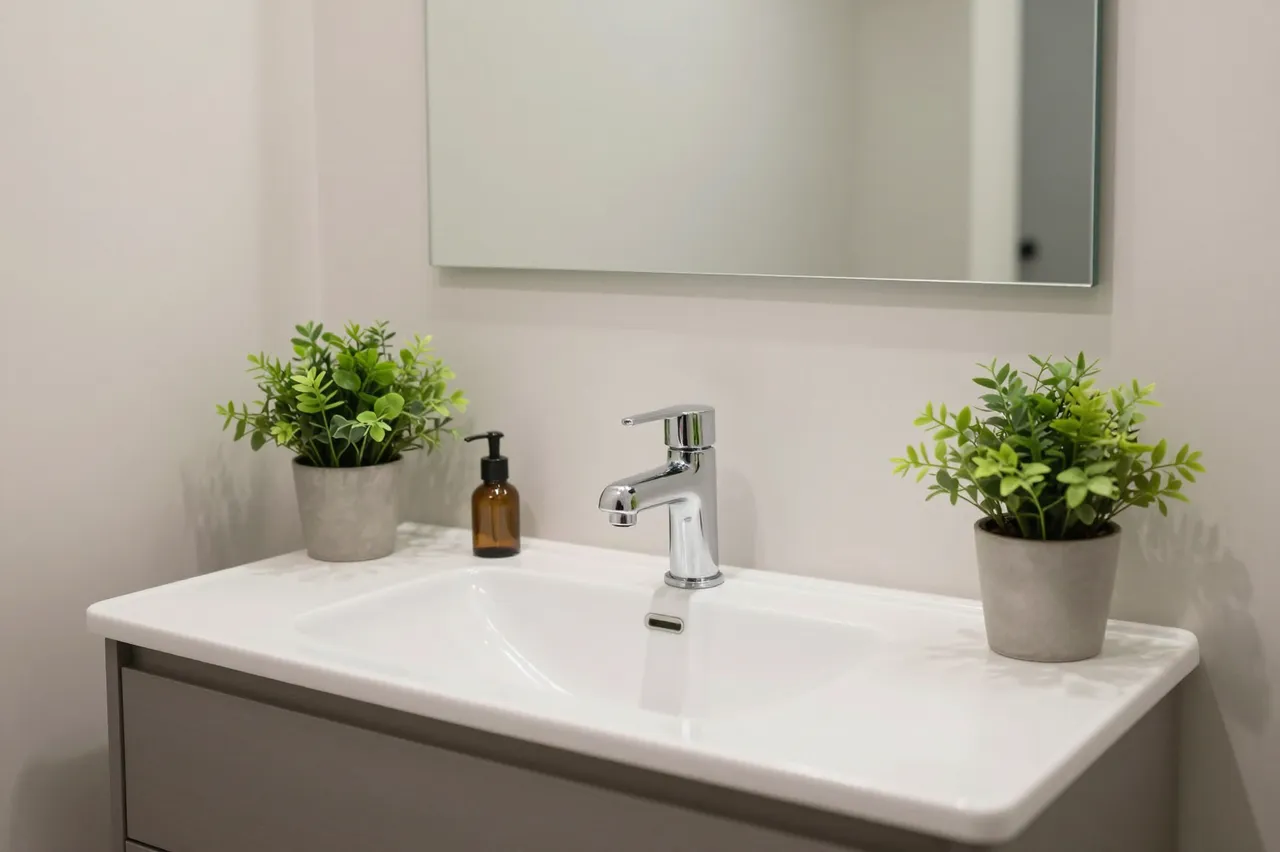 Minimalist floating bathroom vanity with potted green plants, a soap dispenser and wall mirror above the sink