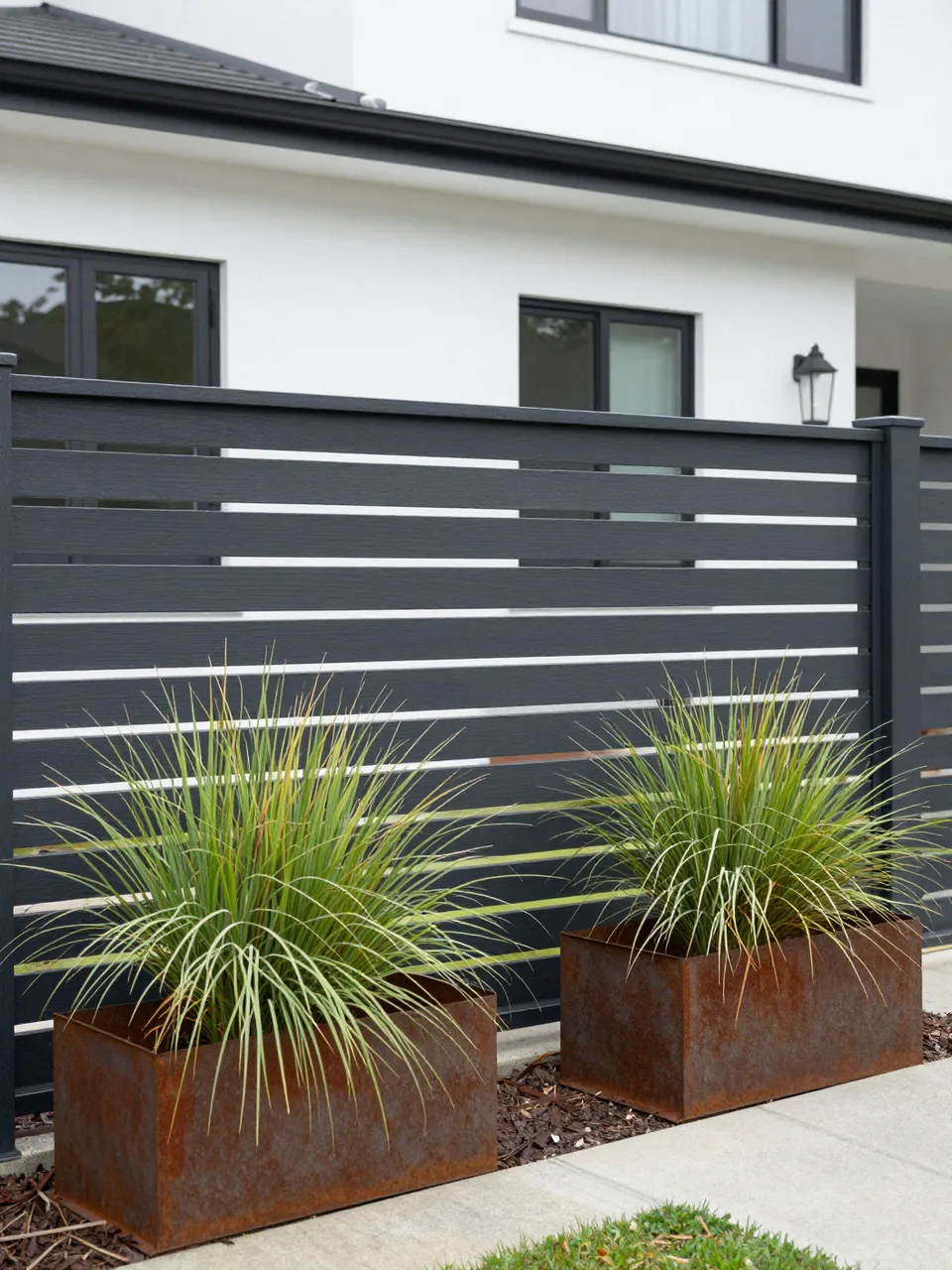 Rusted steel planters with ornamental grasses sit before a slat fence and white house facade