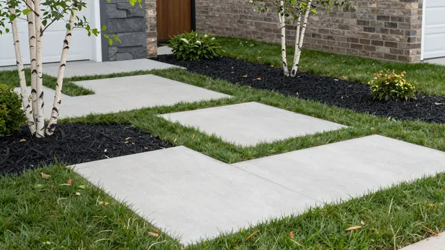 Stepping stone path of concrete pavers winds through grass, next to mulch beds with birch trees by a brick home.