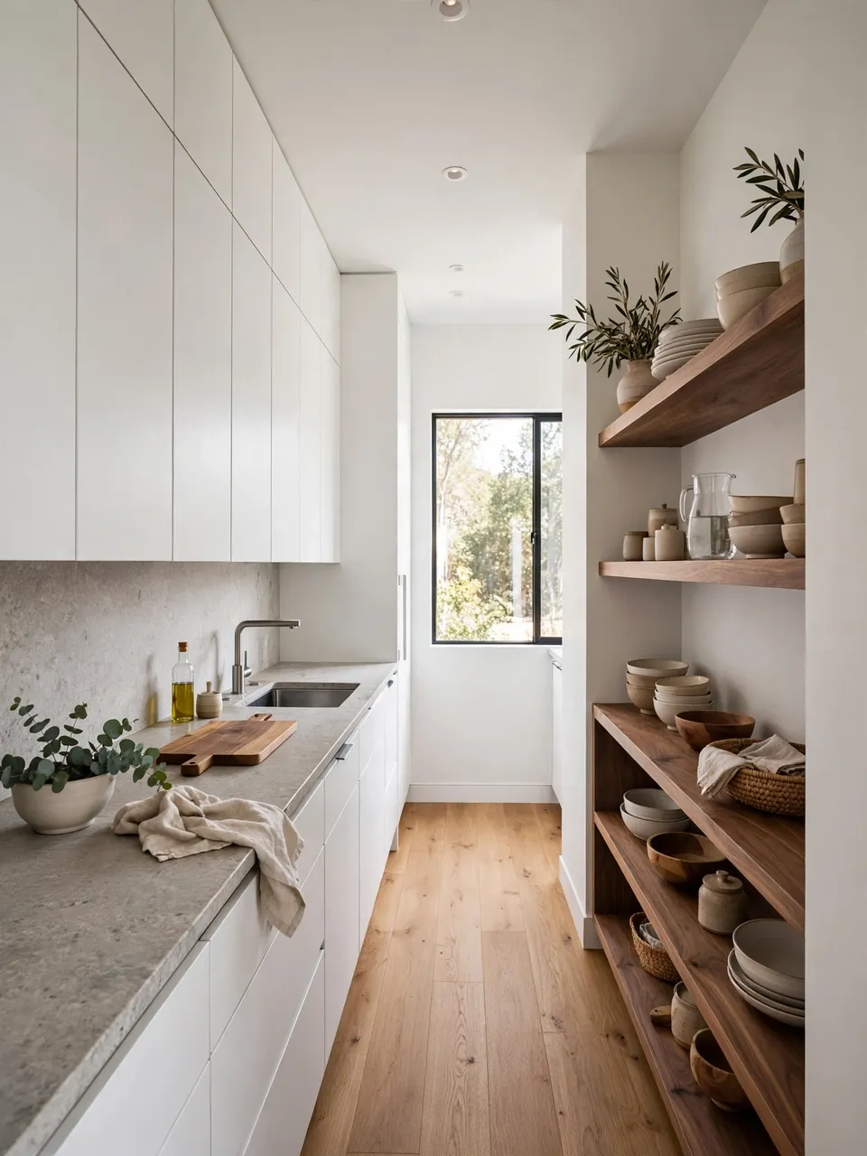 Bright minimalist galley kitchen with white cabinets, walnut open shelves and stone countertop