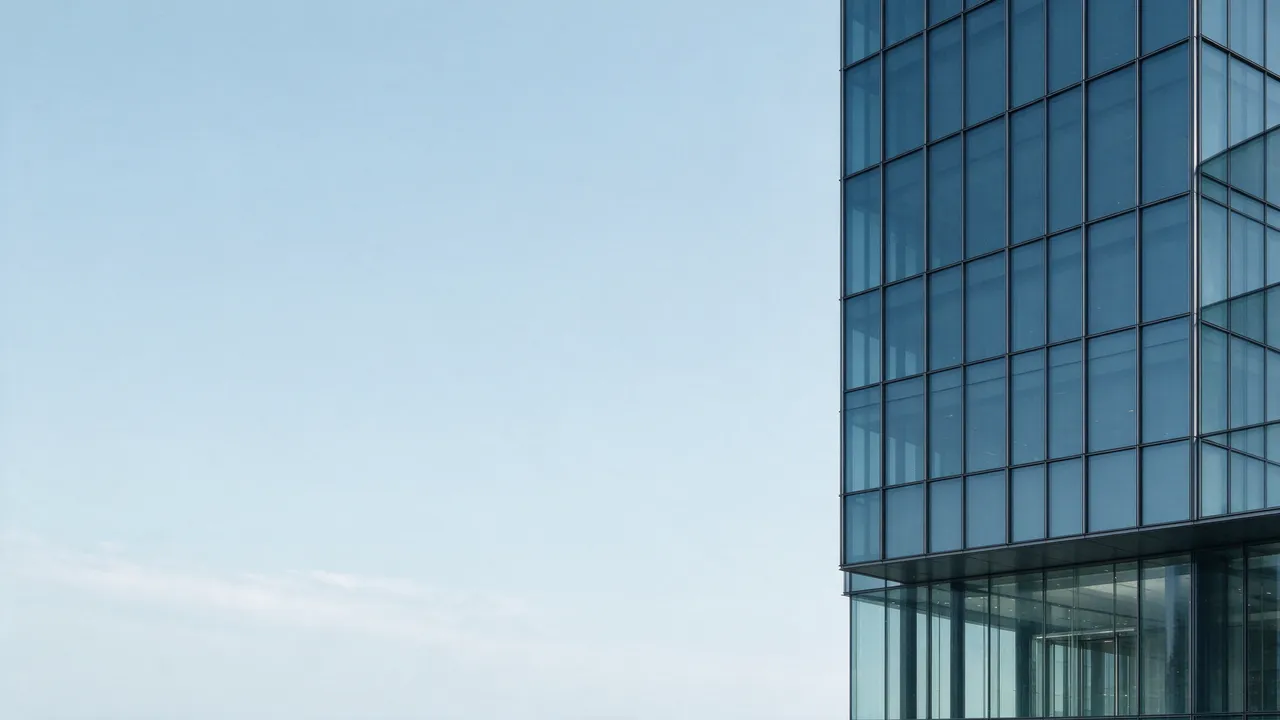 Tall modern glass office building sits at the right edge against a soft pale blue sky with wide empty copy space to the left
