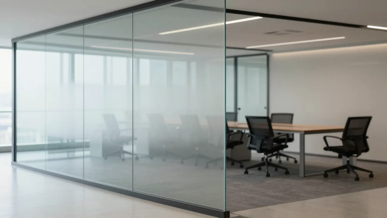 Empty modern office interior with frosted glass partition walls, a conference table and rolling office chairs