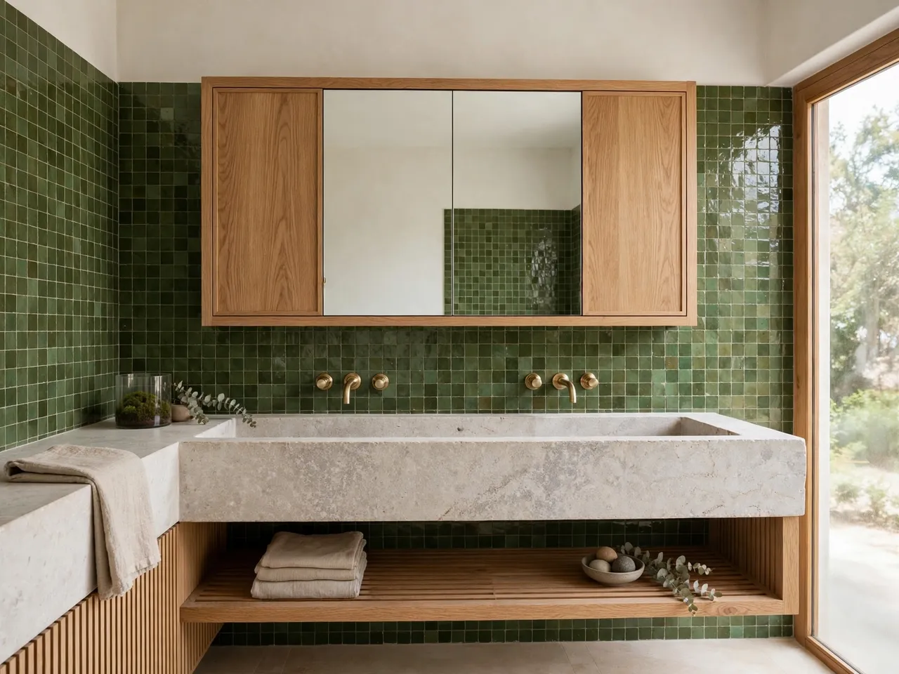 Spa-style bathroom featuring a stone trough sink, oak cabinetry, and moss green zellige tile backsplash.