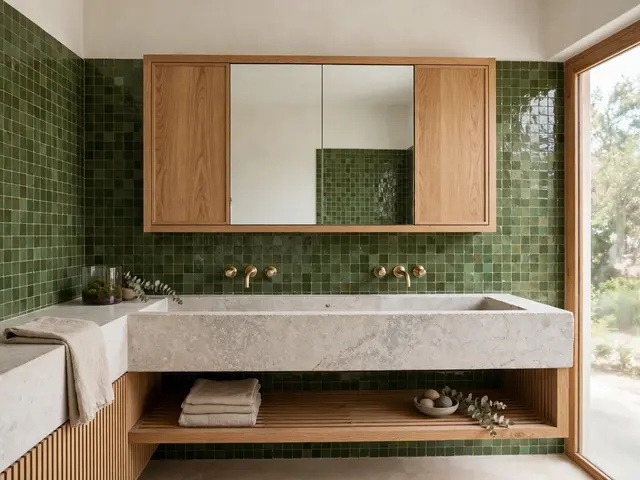 Spa-style bathroom featuring a stone trough sink, oak cabinetry, and moss green zellige tile backsplash.