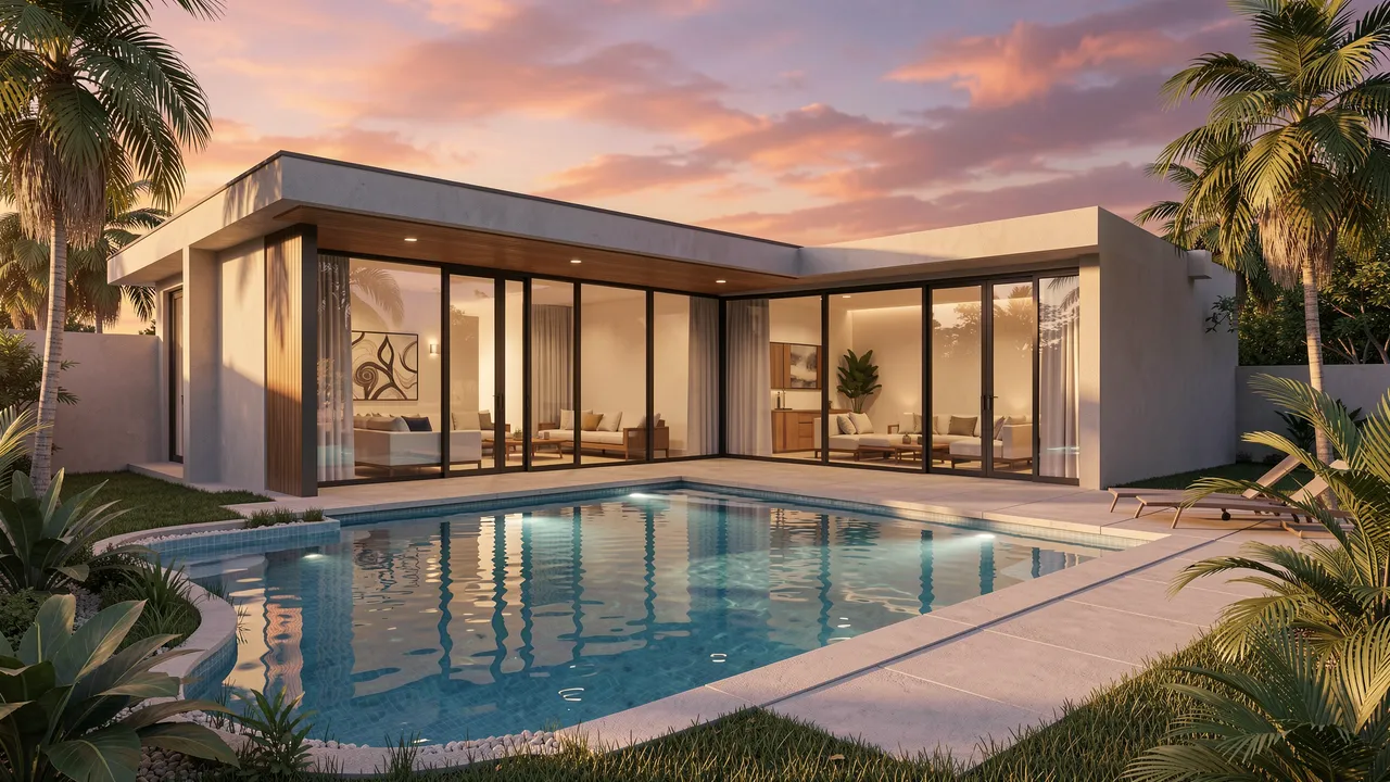 Sleek single-story modern house with glass walls sits beside a swimming pool under a pink and orange sunset sky