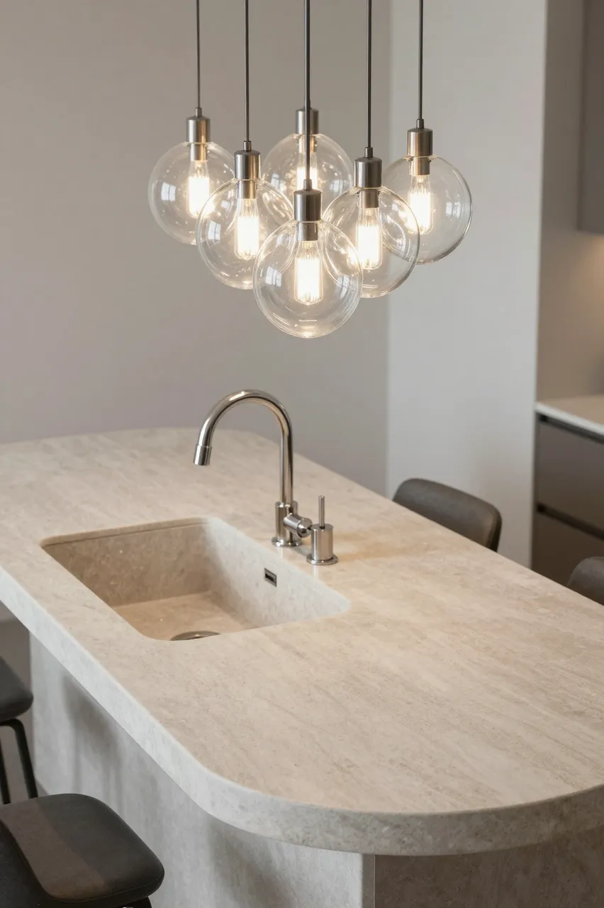 Light stone kitchen island with integrated sink beneath clustered glass globe pendant lights