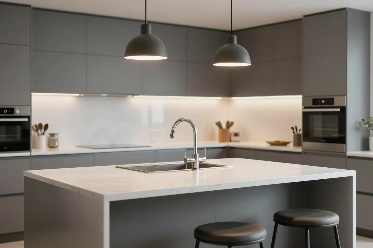 Sleek contemporary kitchen with a white island, dark pendant lights, and bar stools under warm ambient lighting