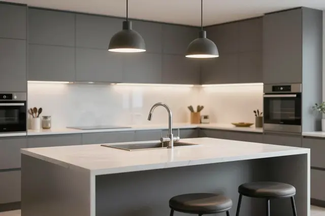Sleek contemporary kitchen with a white island, dark pendant lights, and bar stools under warm ambient lighting