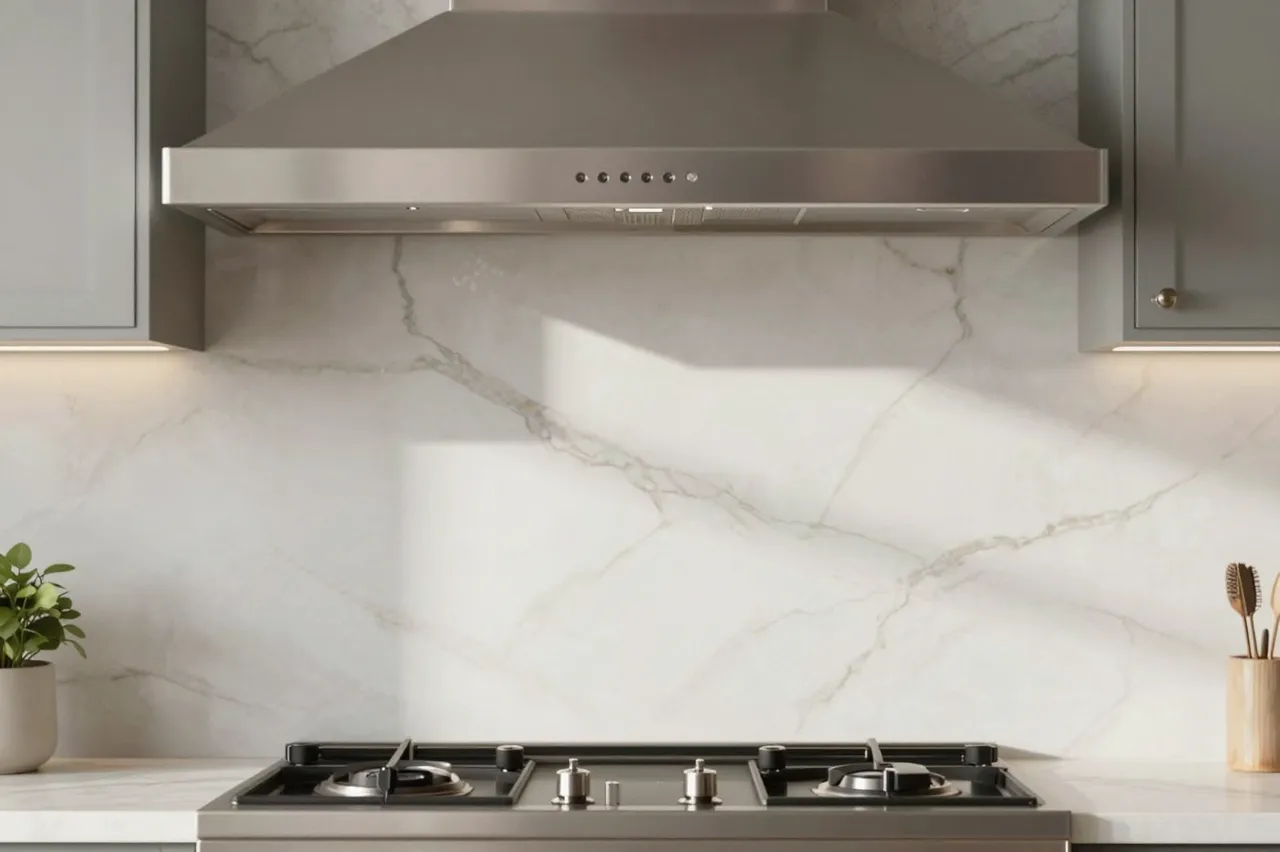 Stainless steel range hood above a gas cooktop against a polished marble slab backsplash in a bright minimalist kitchen.