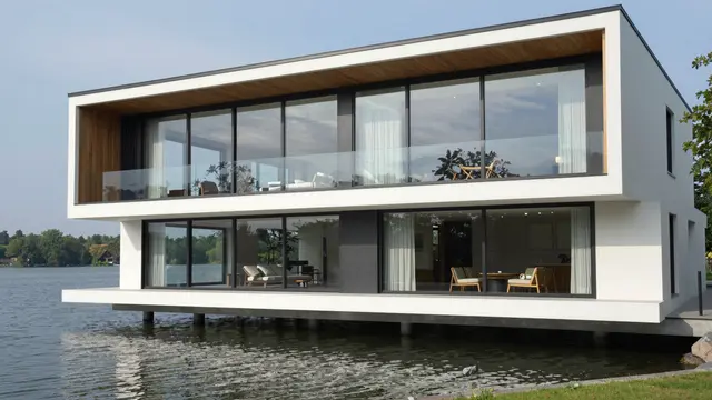Sleek modern two-story house with floor-to-ceiling windows built on stilts over a calm lake