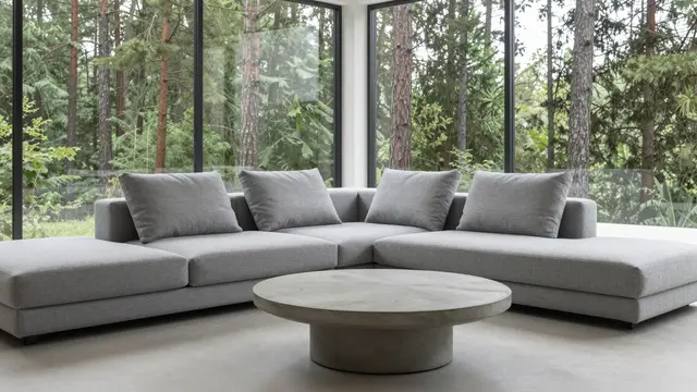 Low gray modular sofa and round concrete coffee table sit before floor-to-ceiling windows overlooking a pine forest.