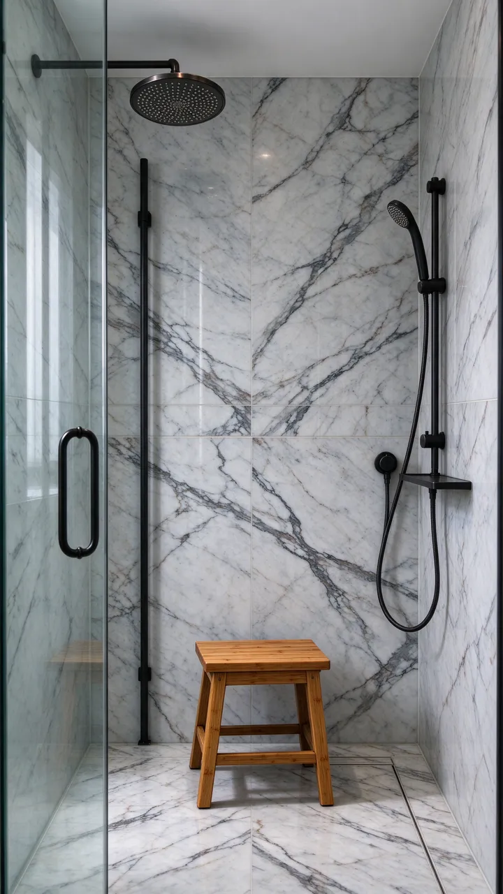 Vertical view of a walk-in shower with veined marble walls, black fixtures, glass panel and wooden stool