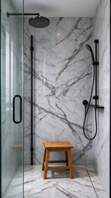 Vertical view of a walk-in shower with veined marble walls, black fixtures, glass panel and wooden stool