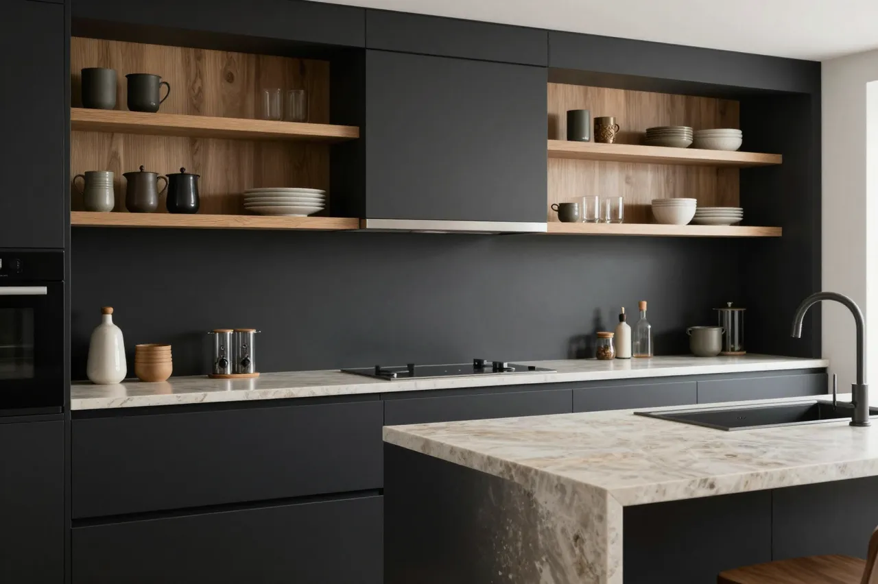 Sleek matte black kitchen with open oak shelving and veined stone island countertop