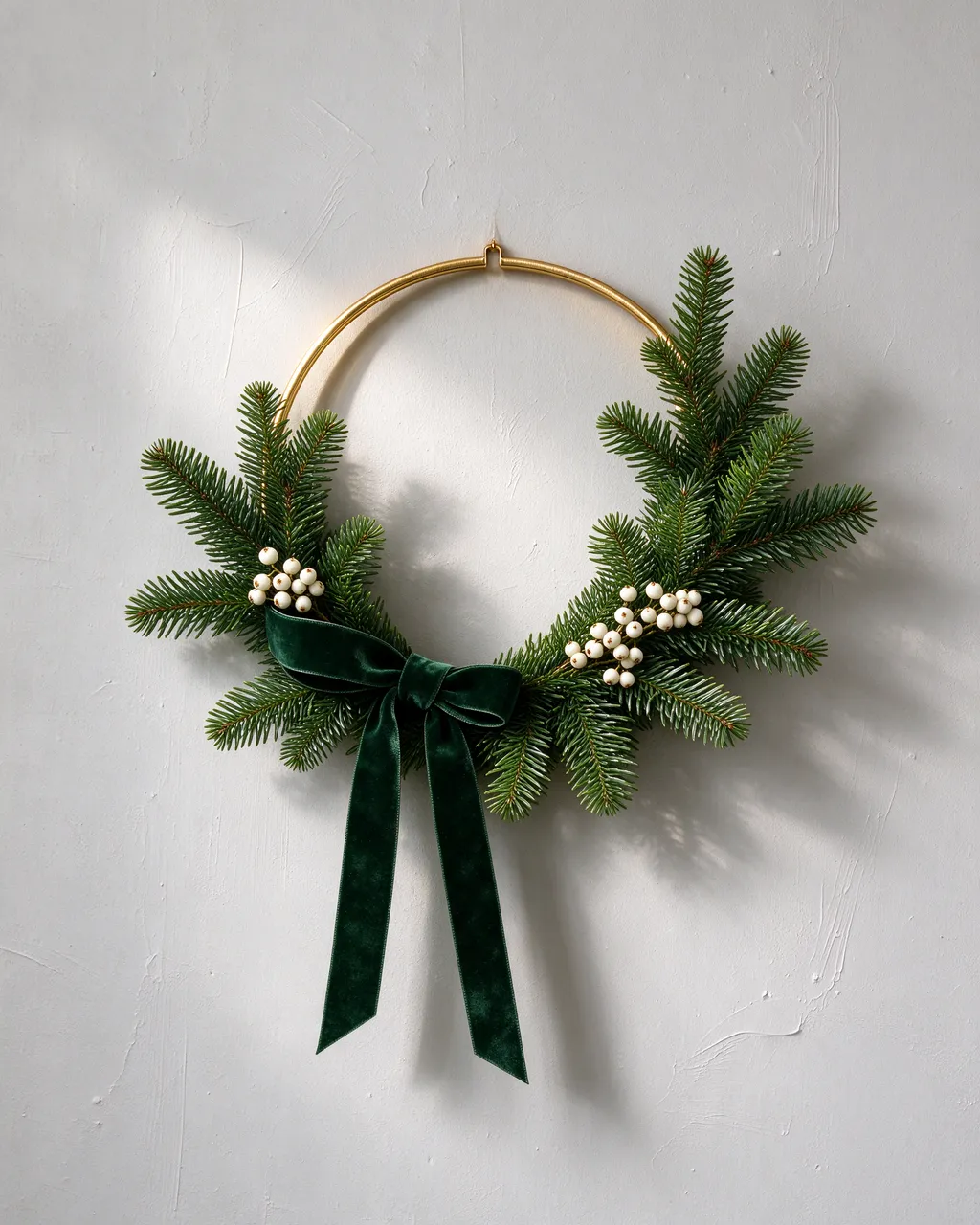 A brass hoop Christmas wreath with fir sprigs, white berries and green velvet bow hangs on a light plaster wall