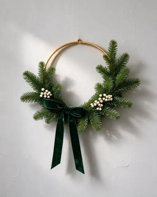 A brass hoop Christmas wreath with fir sprigs, white berries and green velvet bow hangs on a light plaster wall