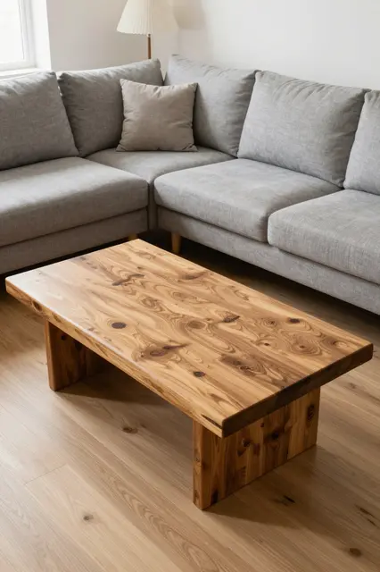 Light gray curved sectional sofa sits around a burl wood coffee table on bare oak floors next to a pleated lamp