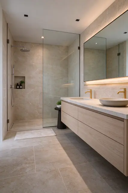 Sleek contemporary bathroom with curbless shower and light wood floating vanity