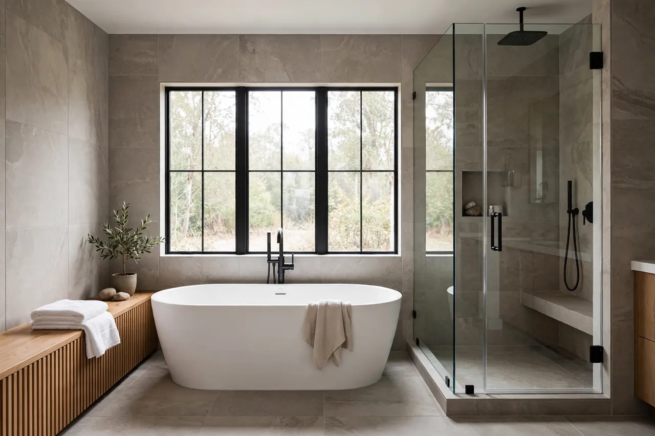 Freestanding soaking tub sits under a black-framed window next to a glass shower in a warm gray stone bathroom.