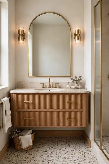 Warm minimalist bathroom featuring a fluted wooden vanity, arched brass mirror, and terrazzo flooring