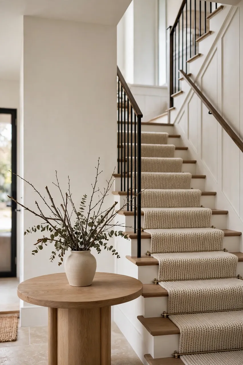 A bright minimalist entryway with a carpeted staircase, wooden side table and vase of dried branches