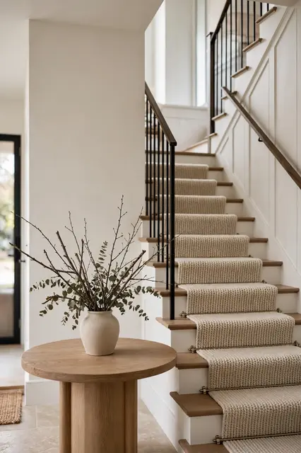 A bright minimalist entryway with a carpeted staircase, wooden side table and vase of dried branches