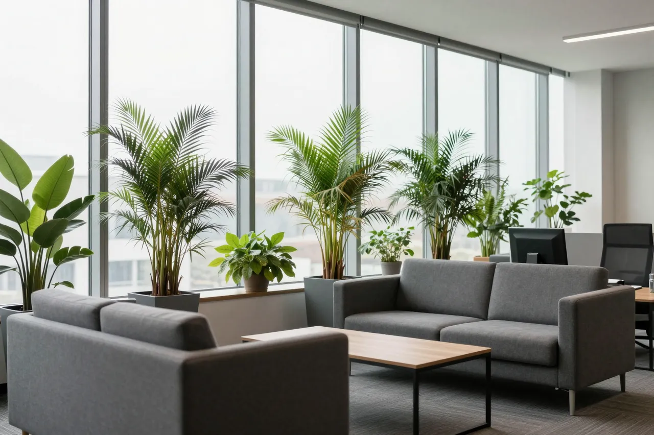 Bright office lounge with gray sofas, potted plants and floor-to-ceiling windows
