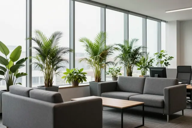 Bright office lounge with gray sofas, potted plants and floor-to-ceiling windows