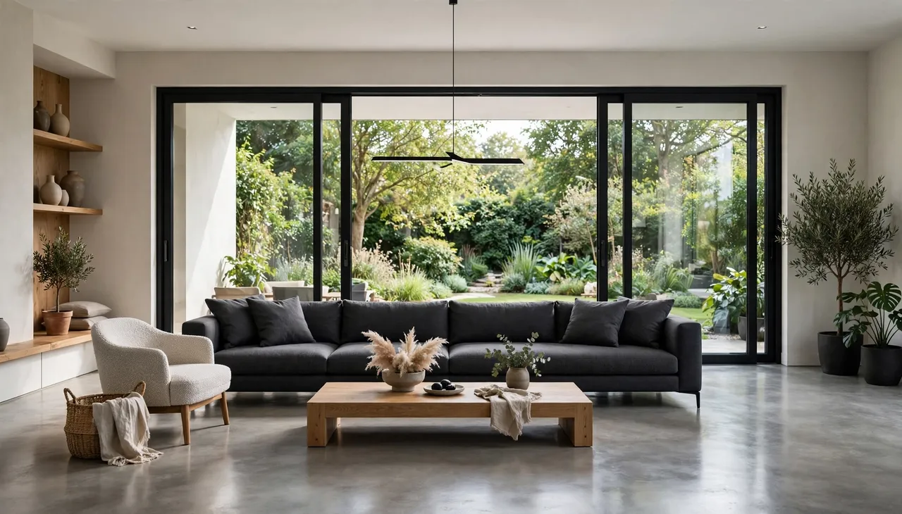 Bright minimalist open plan living room with charcoal sofa, polished concrete floors and large sliding doors to a leafy