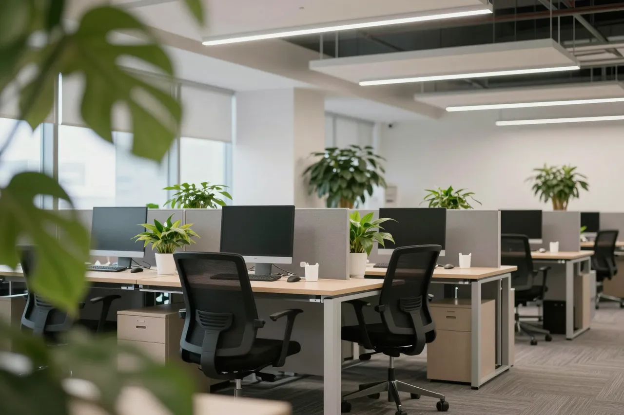 Bright empty modern open-plan office lined with desks, monitors, and lush potted houseplants.