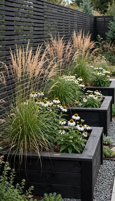 Black stained raised garden beds with ornamental grasses and white echinacea line a slatted wooden fence