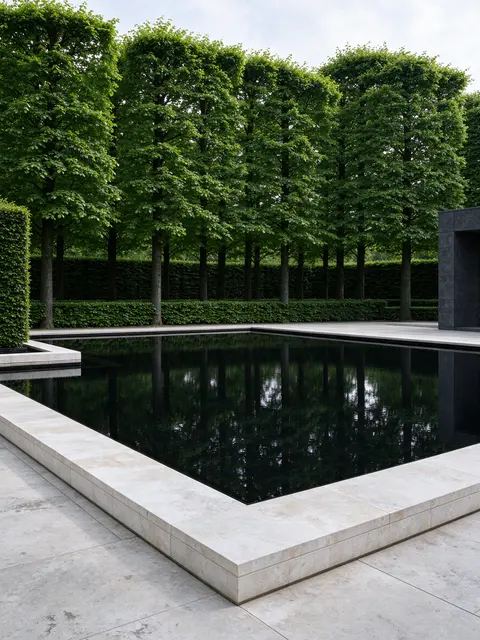 A still black reflecting pool edged in pale limestone sits in a formal garden with clipped hornbeam trees behind it